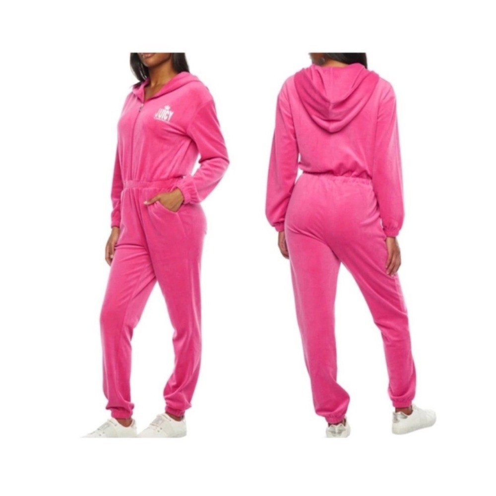 Juicy‎ Couture NWT Jumpsuit Pink Velour Hooded Silver Logo L Y2K Cozy Barbiecore